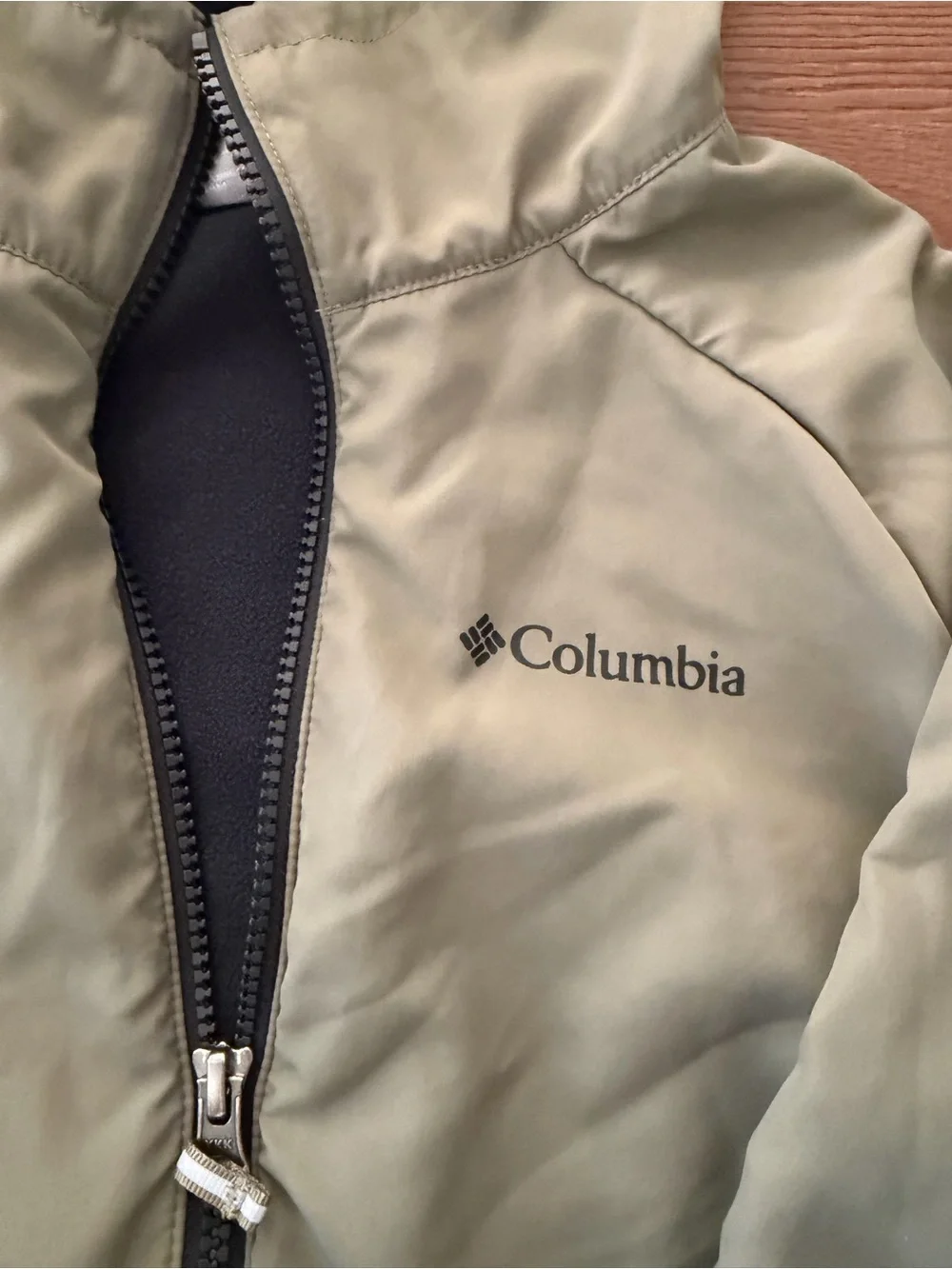 Columbia Youth Size 10/12 Hooded Fleece Lined Jacket Green Gray Full Zip Kids